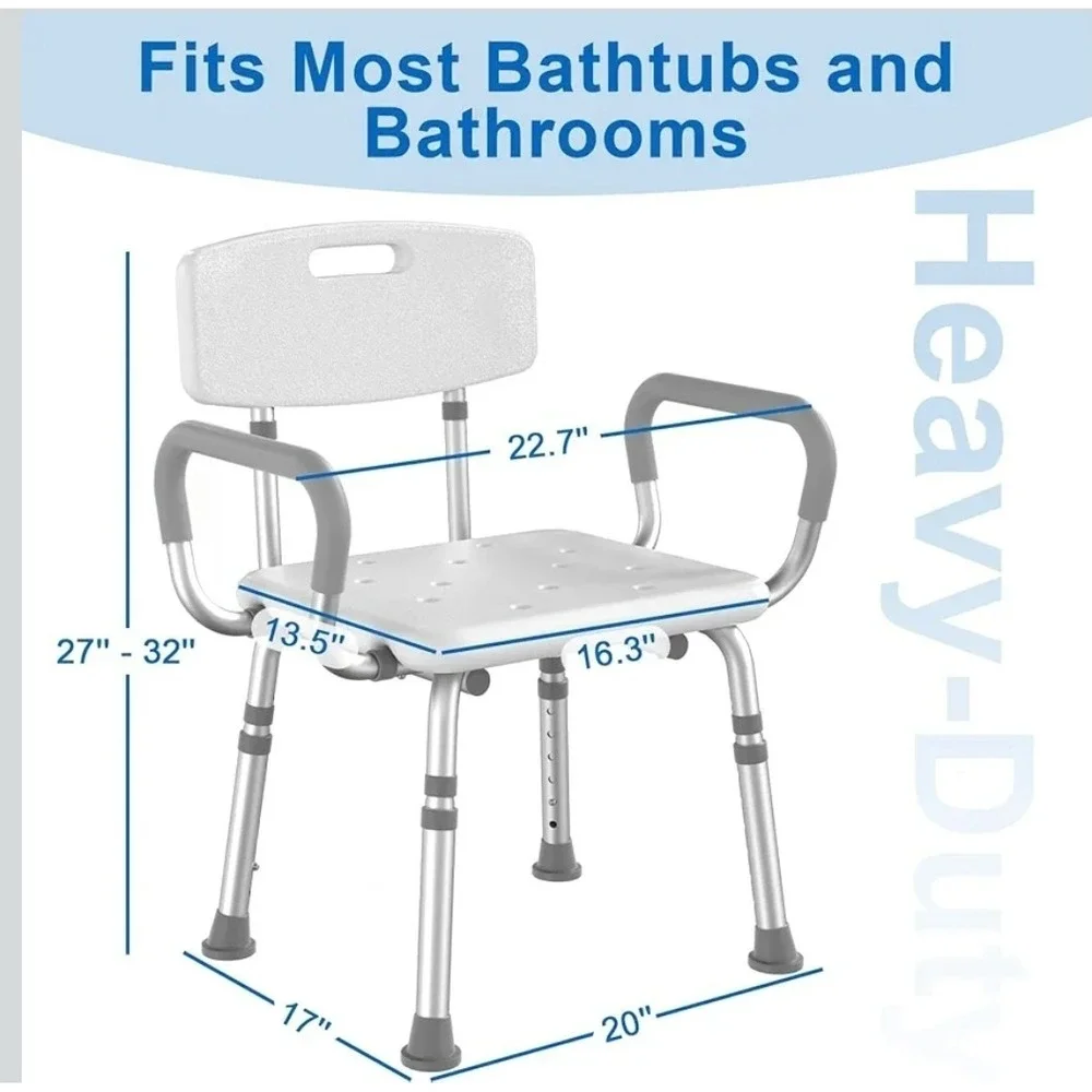 Shower/Bath Chair‎ Adjustable Height w/ Backrest & Armrests, White/Gray